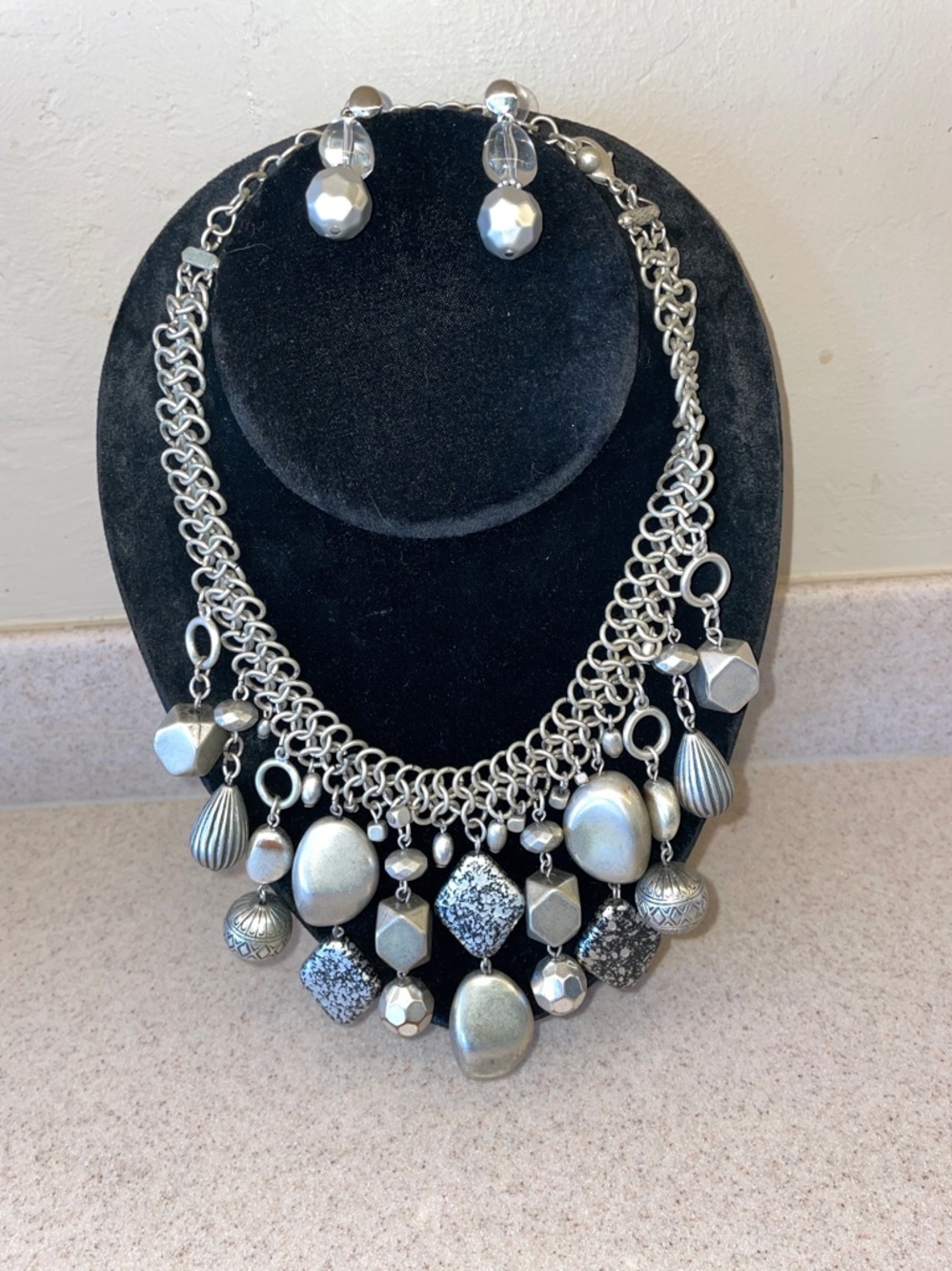 Chico’s Brass Silver Chain Maile  Bib Statement Necklace & Earrings